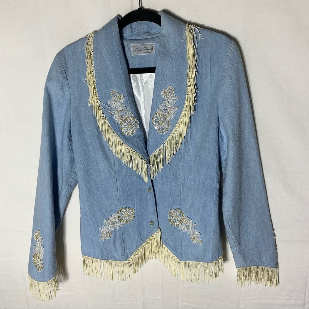 Vintage Lilia Smitty Blue Western Jacket and Skirt Set With Fringe M Festival - Picture 16 of 16